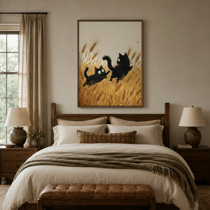 Whimsical black cat canvas print over bed in cozy farmhouse bedroom with linen bedding and warm lighting