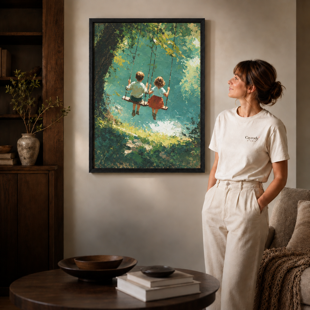 Black-framed forest swing canvas hung above a wooden console, admired by a woman in a cream tee.