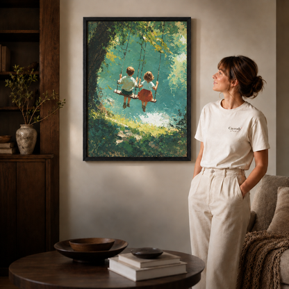 Black-framed forest swing canvas hung above a wooden console, admired by a woman in a cream tee.