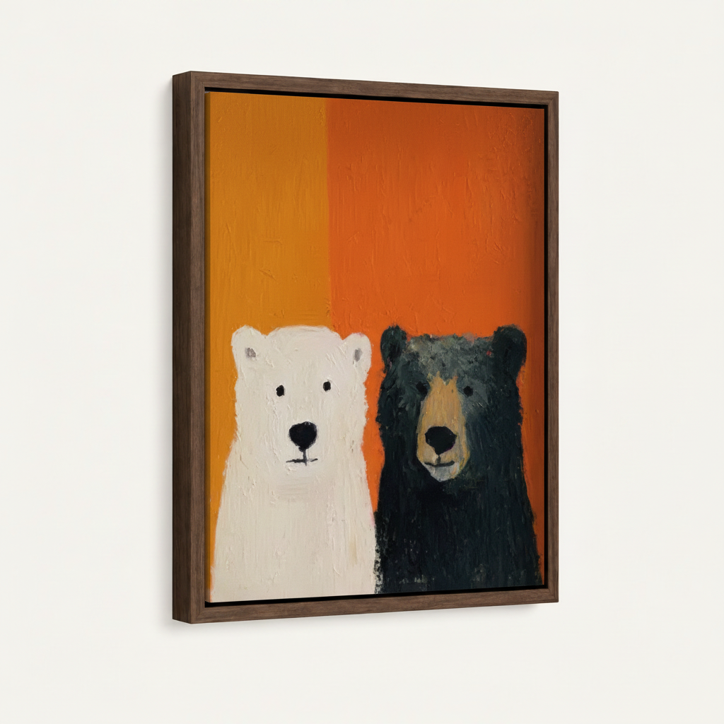 Framed two bears expressionist canvas print angled side view showing warm amber color-block background
