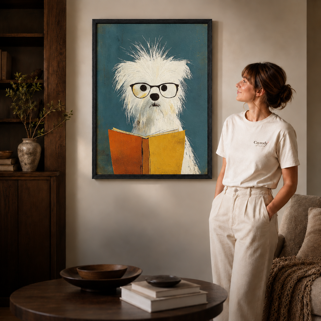Framed dog reading wall art shown close up with a white-clad model in a modern living space.