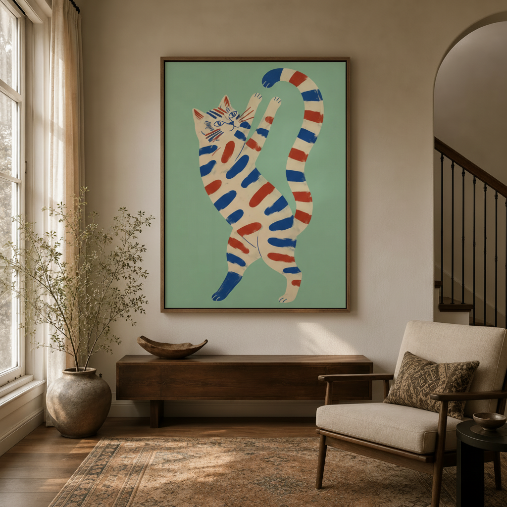 Whimsical striped dancing cat folk art canvas print hanging in a bright entryway above a wooden console