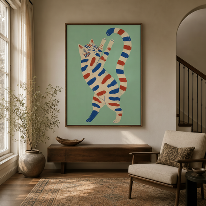 Whimsical striped dancing cat folk art canvas print hanging in a bright entryway above a wooden console