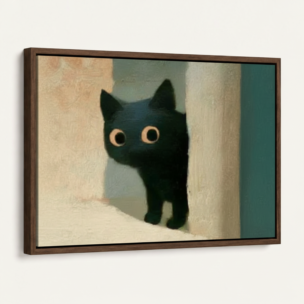 Curious black kitten peeking around corner — framed canvas wall art, angled side view