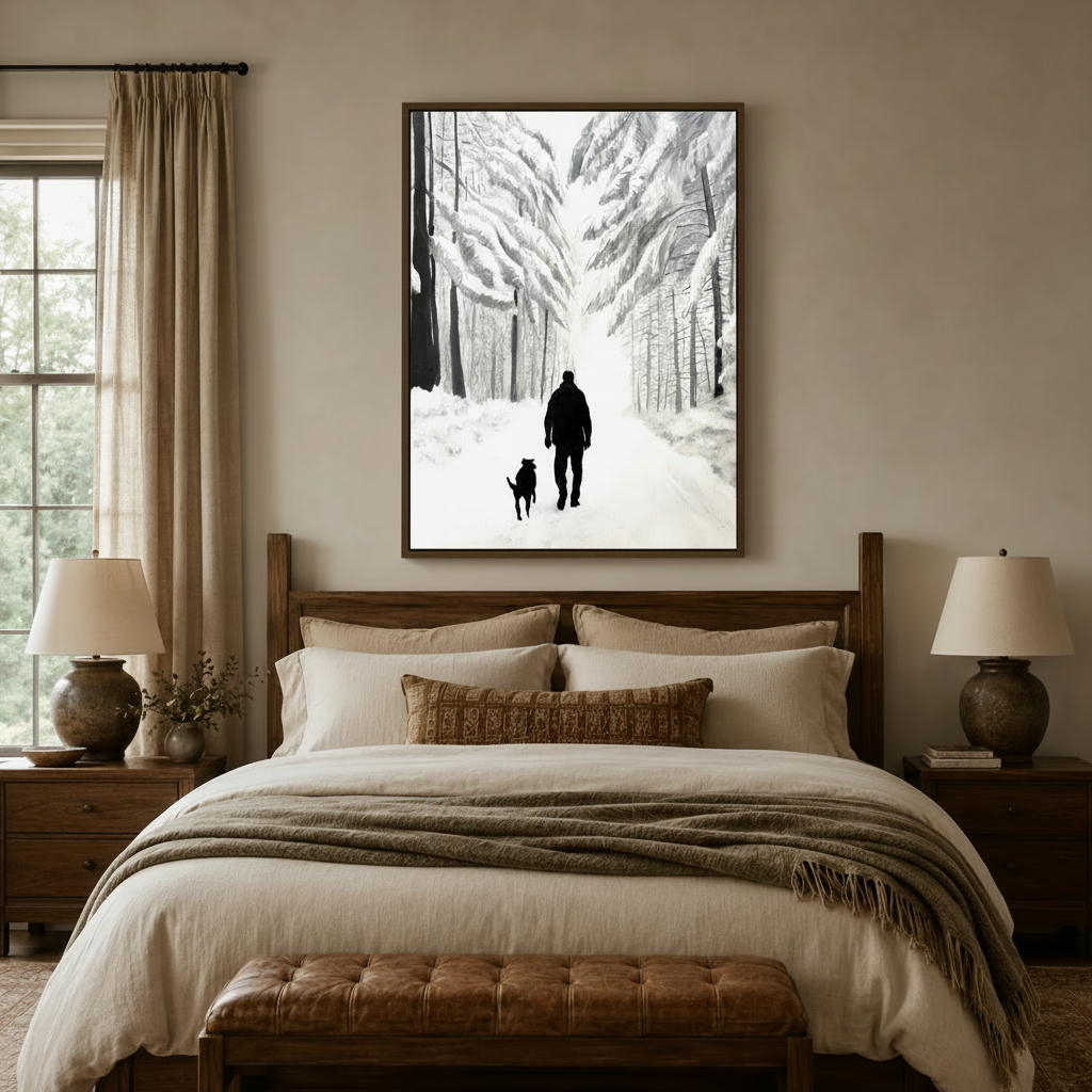 Minimalist man walking dog in snow forest canvas above wooden bed in cozy neutral bedroom