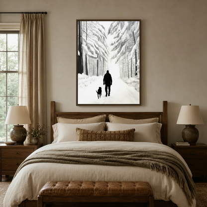 Minimalist man walking dog in snow forest canvas above wooden bed in cozy neutral bedroom