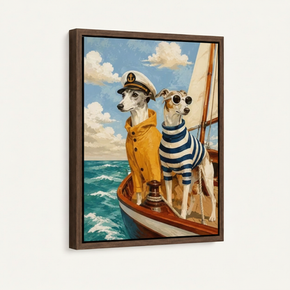 Greyhound canvas art in dark walnut float frame displayed at three-quarter angle