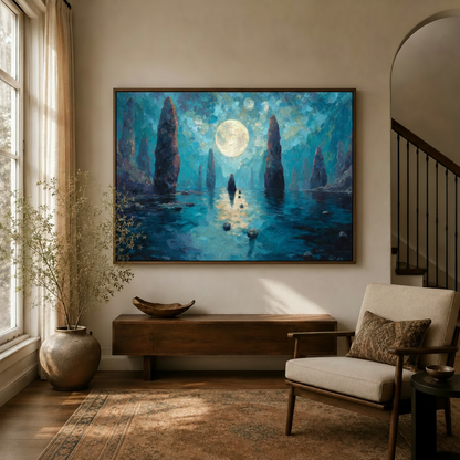 Impressionist moon canvas wall art in dark walnut float frame above entryway sideboard with warm natural light