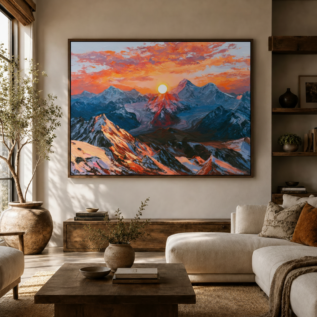 Mountain sunrise wall art in framed canvas hanging in bright Scandinavian living room