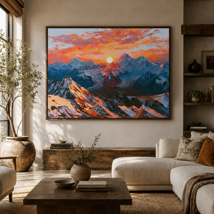 Mountain sunrise wall art in framed canvas hanging in bright Scandinavian living room