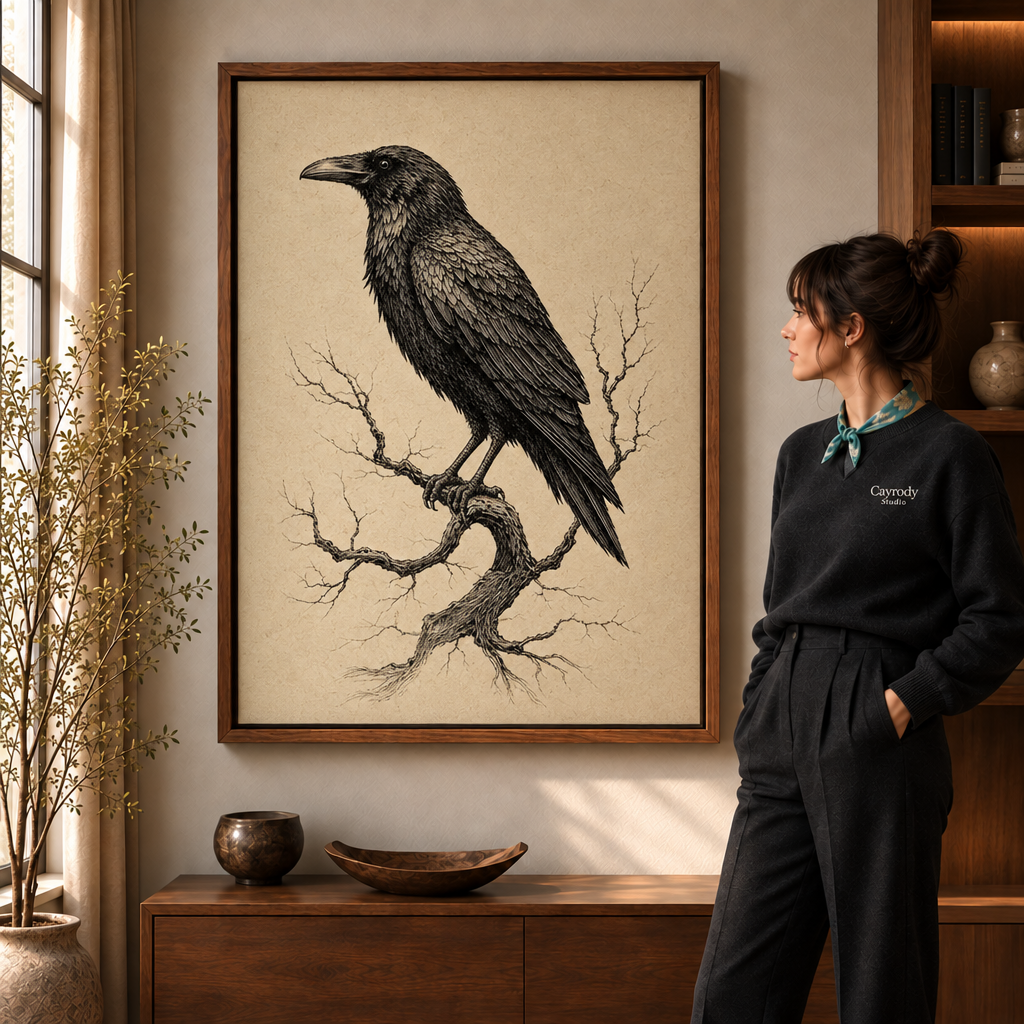 Vintage raven canvas wall art in a walnut frame beside a woman in black and a wooden cabinet.