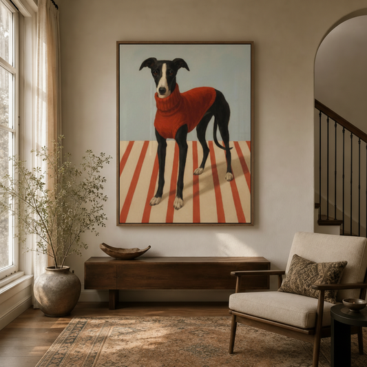 Expressive impasto dog portrait canvas wall art hanging in an entryway with arch and staircase