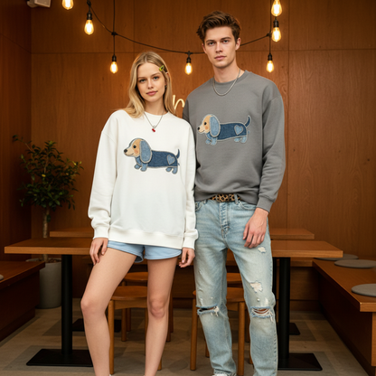 Denim Patchwork Dachshund Heart Tail Crewneck C1121