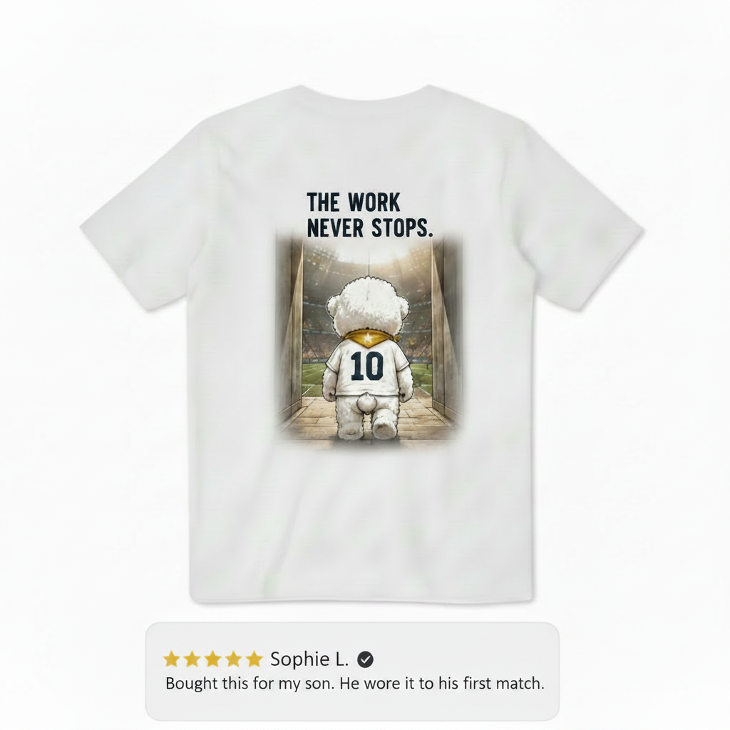 The Work Never Stops Fluffy Dog Soccer Graphic Tee