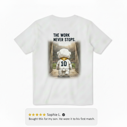The Work Never Stops Fluffy Dog Soccer Graphic Tee