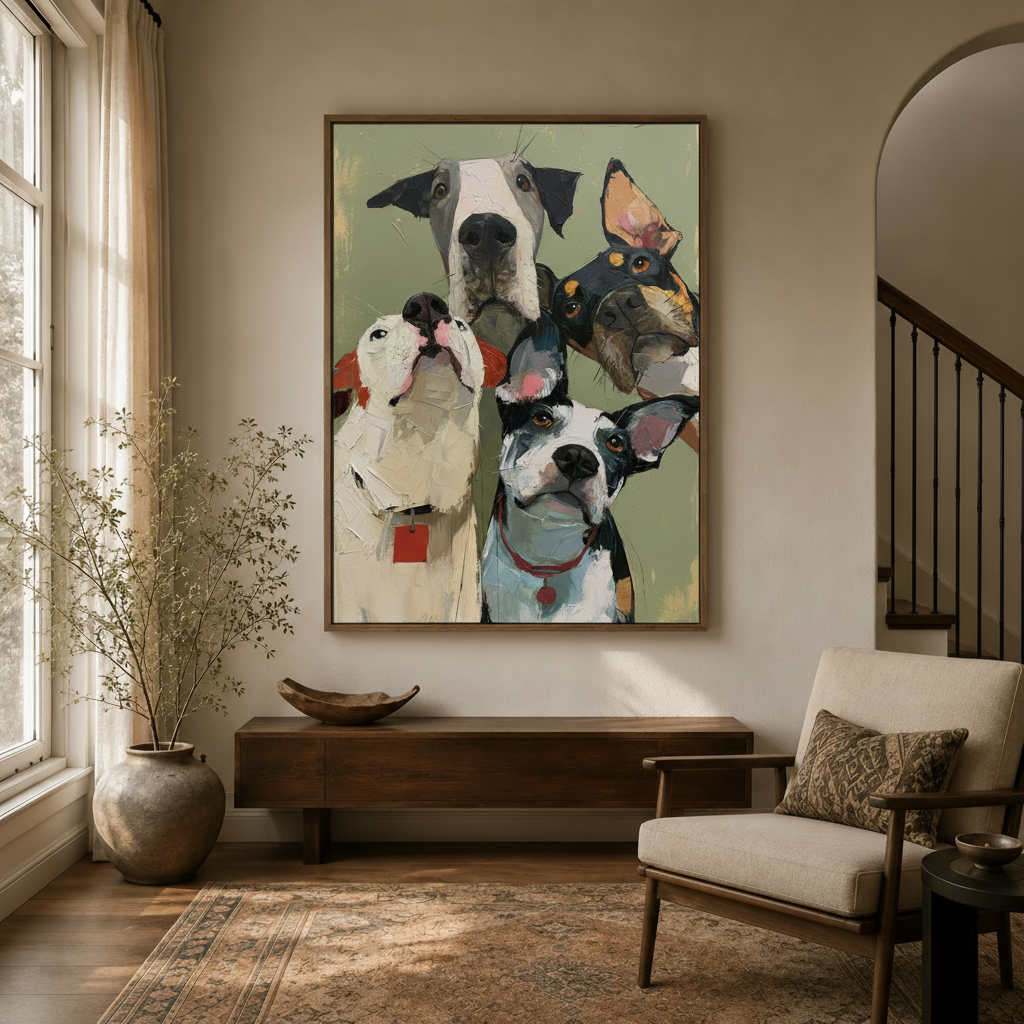 Funny dog group portrait impasto canvas hung large above walnut console in warm neutral entryway