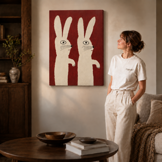 White Rabbit Canvas Wall Art – Naive Animal Painting C1426