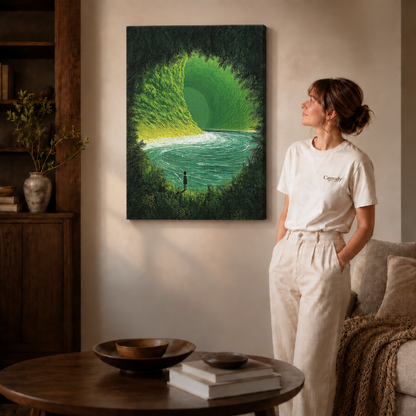 Gallery-wrapped green wave canvas wall art hanging frameless on a beige wall beside a round coffee table.
