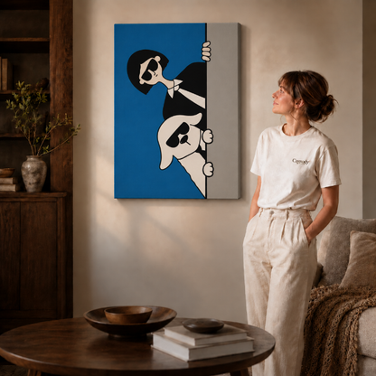 Gallery-wrapped pop art canvas of a woman and dog in sunglasses hanging frameless on a beige wall.