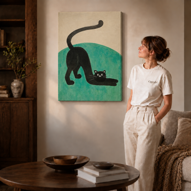 Gallery-wrapped black cat canvas wall art hanging frameless on a beige wall beside a round coffee table.