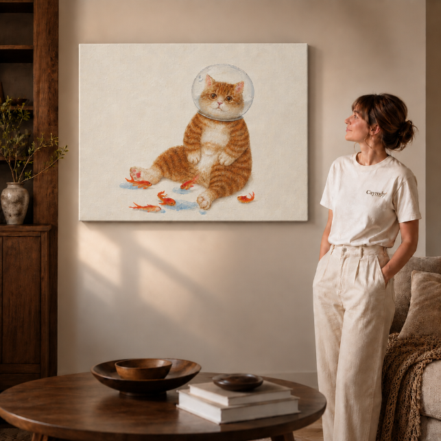 Orange tabby fishbowl cat canvas print without frame, whimsical cat wall art with goldfish on a frameless canvas.