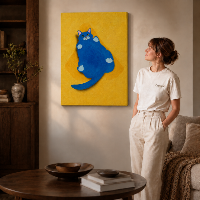 blue cat artwork on the frameless canvas scene 