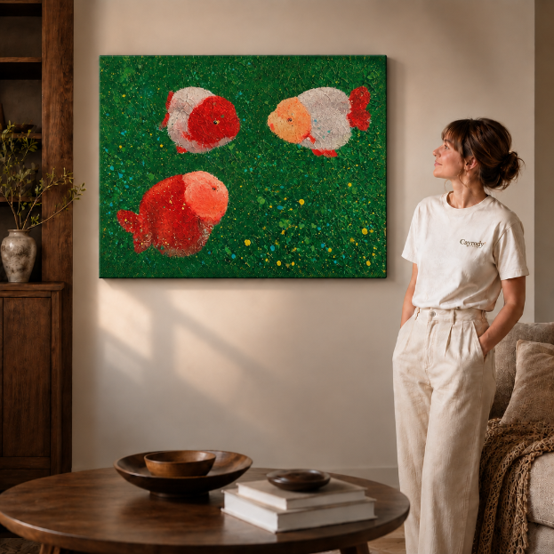 An unframed goldfish canvas wall art, gallery-wrapped canvas on a wall in a bright living room.