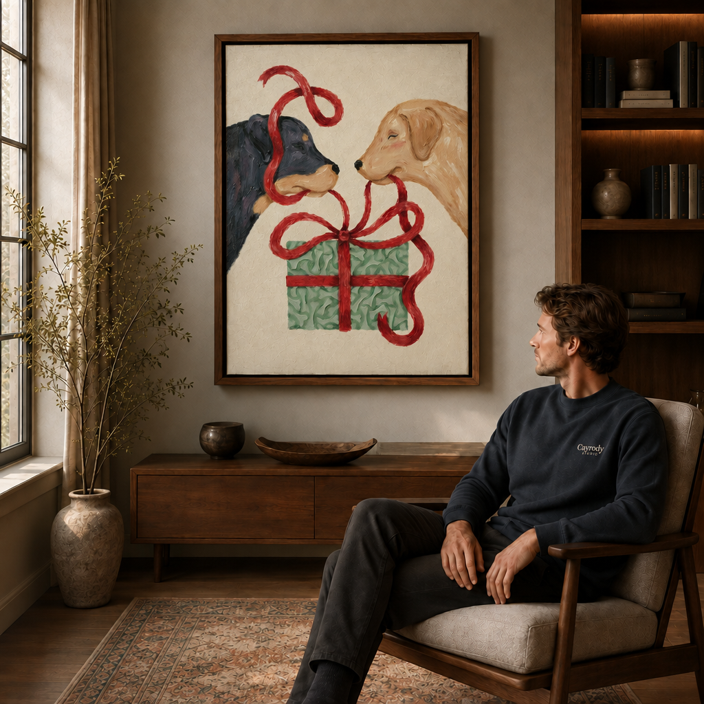 Painterly dog wall art shows a dark dog and a golden dog sharing a red-ribbon gift.