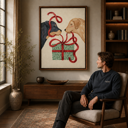 Painterly dog wall art shows a dark dog and a golden dog sharing a red-ribbon gift.