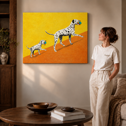 Frameless canvas wall art of two playful Dalmatians displayed