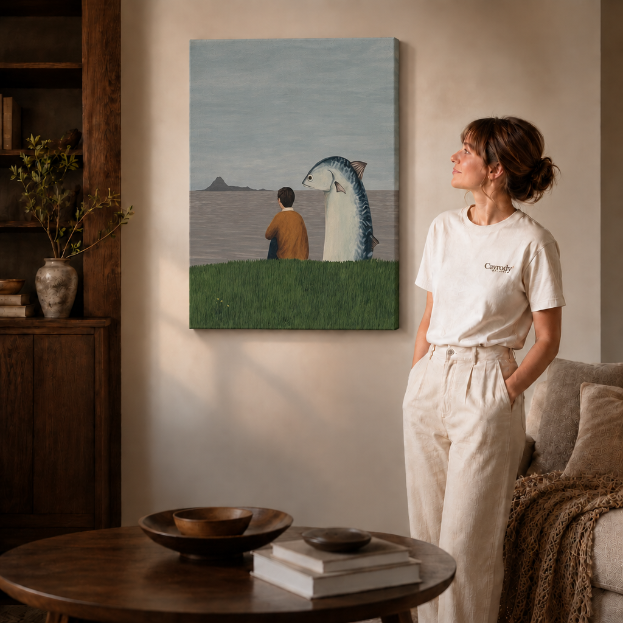 Gallery-wrapped surreal canvas of a boy and a giant mackerel watching the sea, hanging frameless on a beige wall.