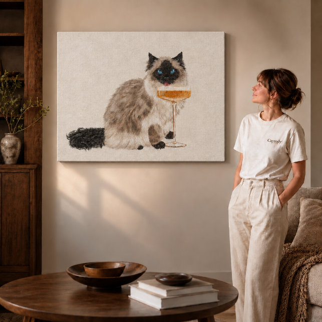 Fluffy champagne cat canvas print without frame, whimsical cat wall art on a frameless canvas in a bright room.