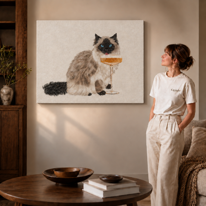 Fluffy champagne cat canvas print without frame, whimsical cat wall art on a frameless canvas in a bright room.