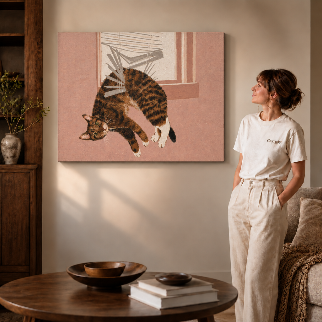 Frameless canvas wall art of a playful calico cat leaping through a window