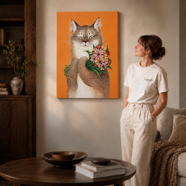gallery-wrapped canvas, walnut frame, and black frame.