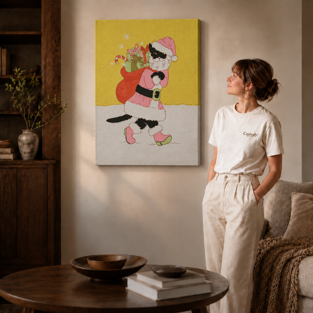 Playful holiday canvas featuring a spotted cat with a red gift sack, striped candy cane, and snowy ground.