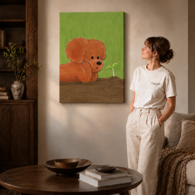 Framed storybook-style dog painting of a poodle and seedling in a cozy reading corner.