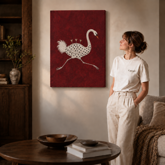 Gallery-wrapped whimsical canvas of a polka-dot swan with martini glasses, hanging frameless on a beige wall.