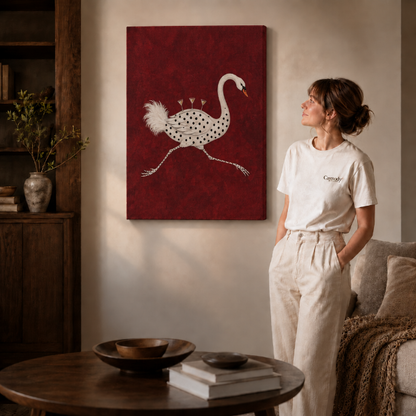 Gallery-wrapped whimsical canvas of a polka-dot swan with martini glasses, hanging frameless on a beige wall.
