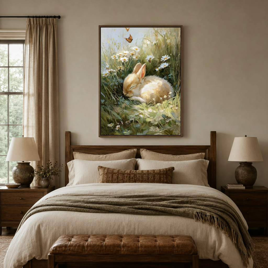  Cottagecore bunny canvas print above wooden bed in cozy warm-toned farmhouse bedroom