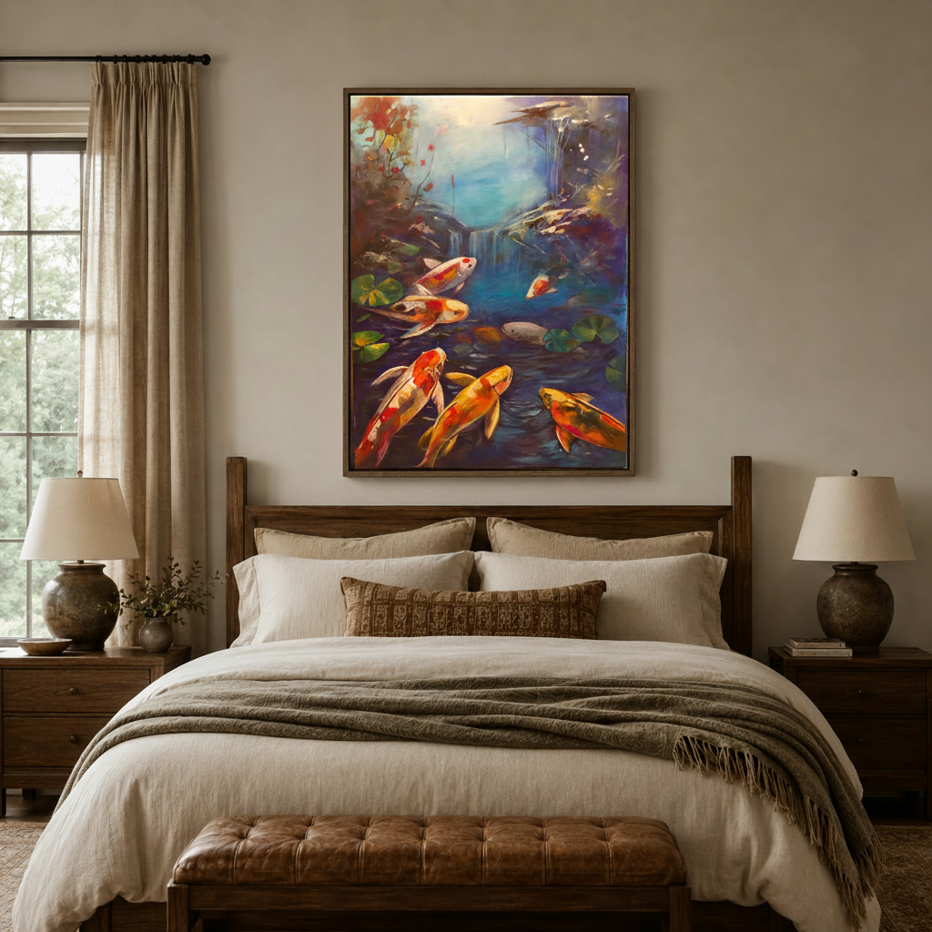 Large framed koi fish canvas art hanging above bed in warm earthy farmhouse master bedroom