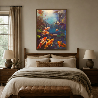 Large framed koi fish canvas art hanging above bed in warm earthy farmhouse master bedroom