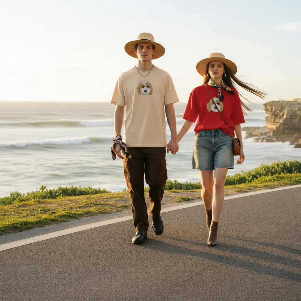 米黄男款+红色女款 海岸行走