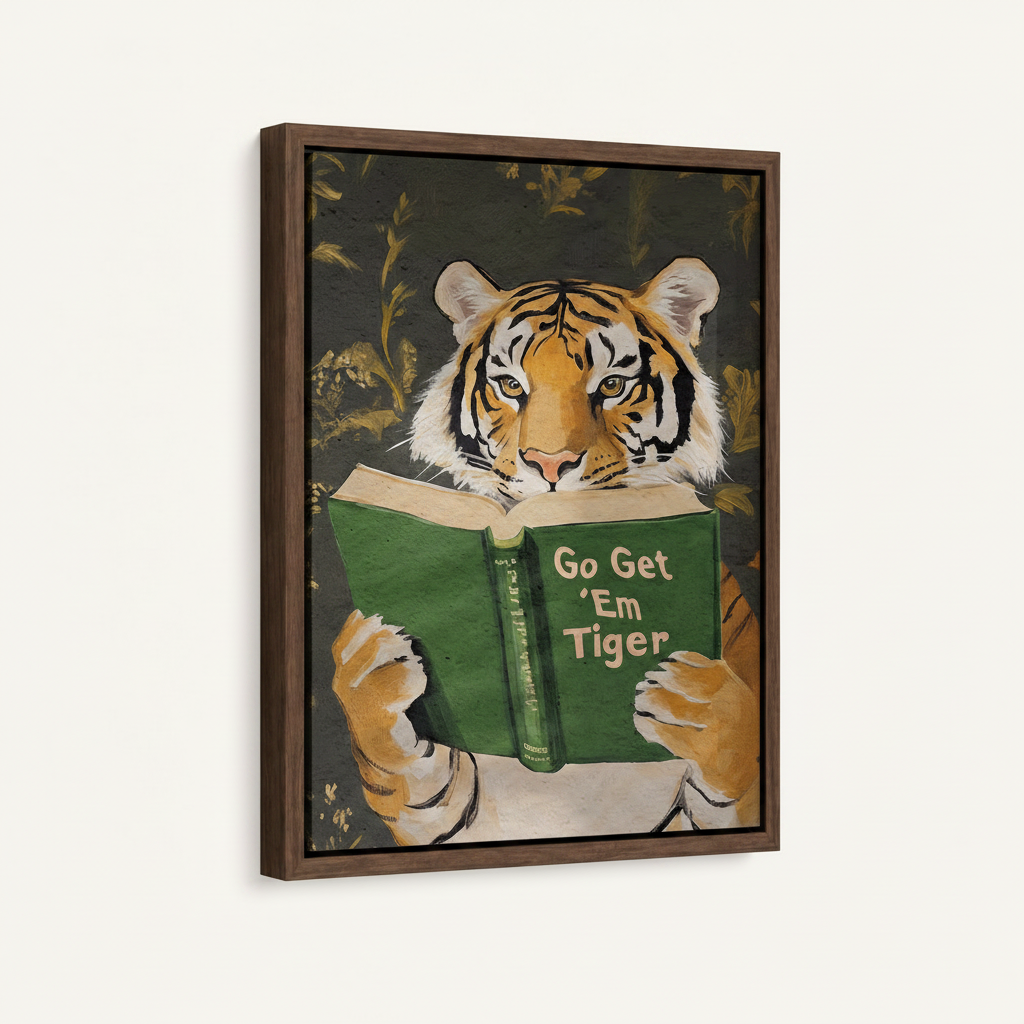 Angled view of framed tiger reading book canvas art with walnut float frame on white background
