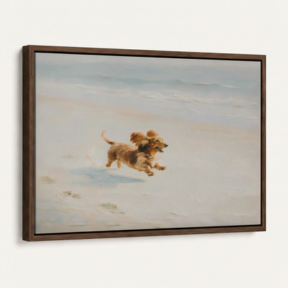 Framed wiener dog race retro cartoon canvas print in dark walnut float frame angled 3/4 product mockup view
