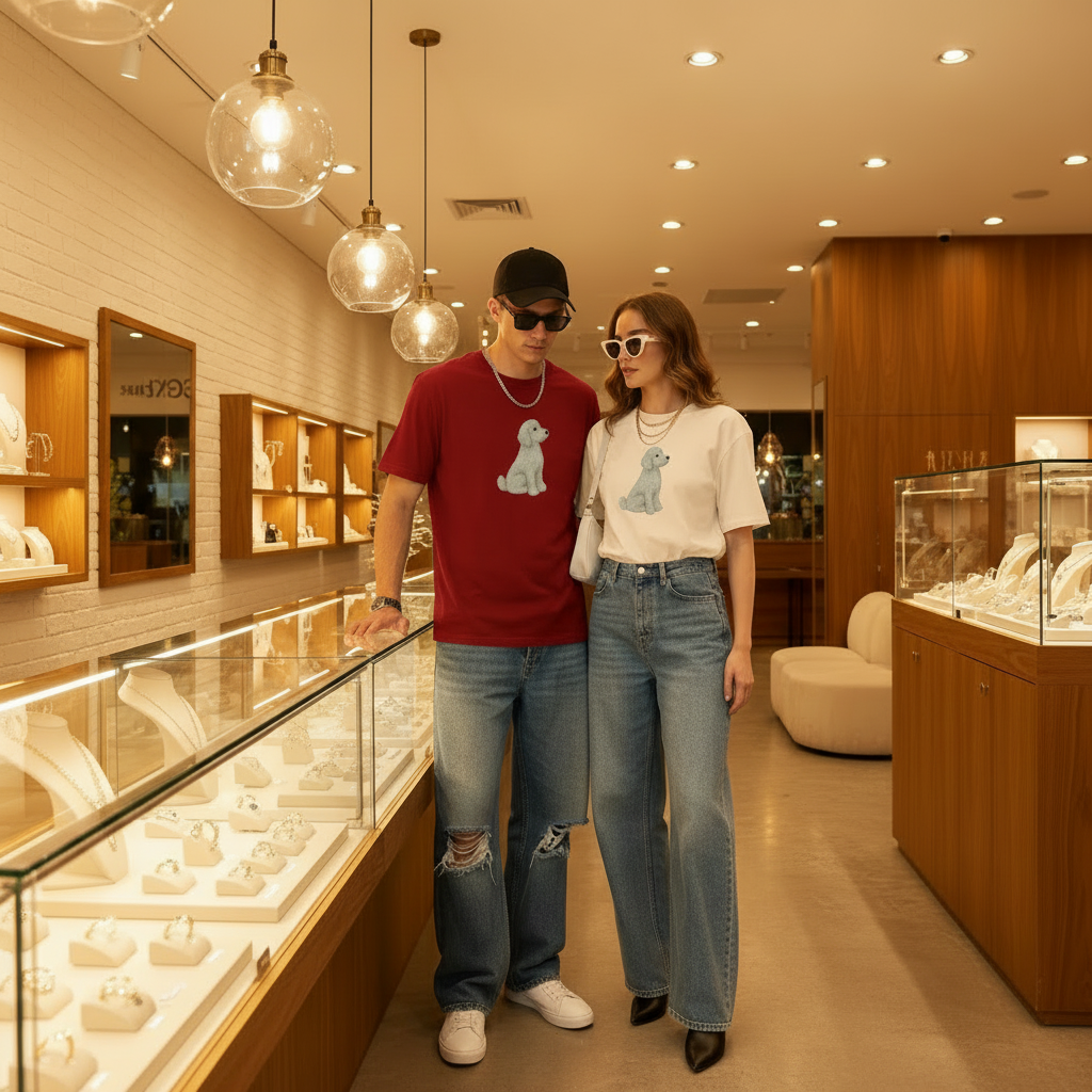 红色男款+米黄女款 珠宝店站立