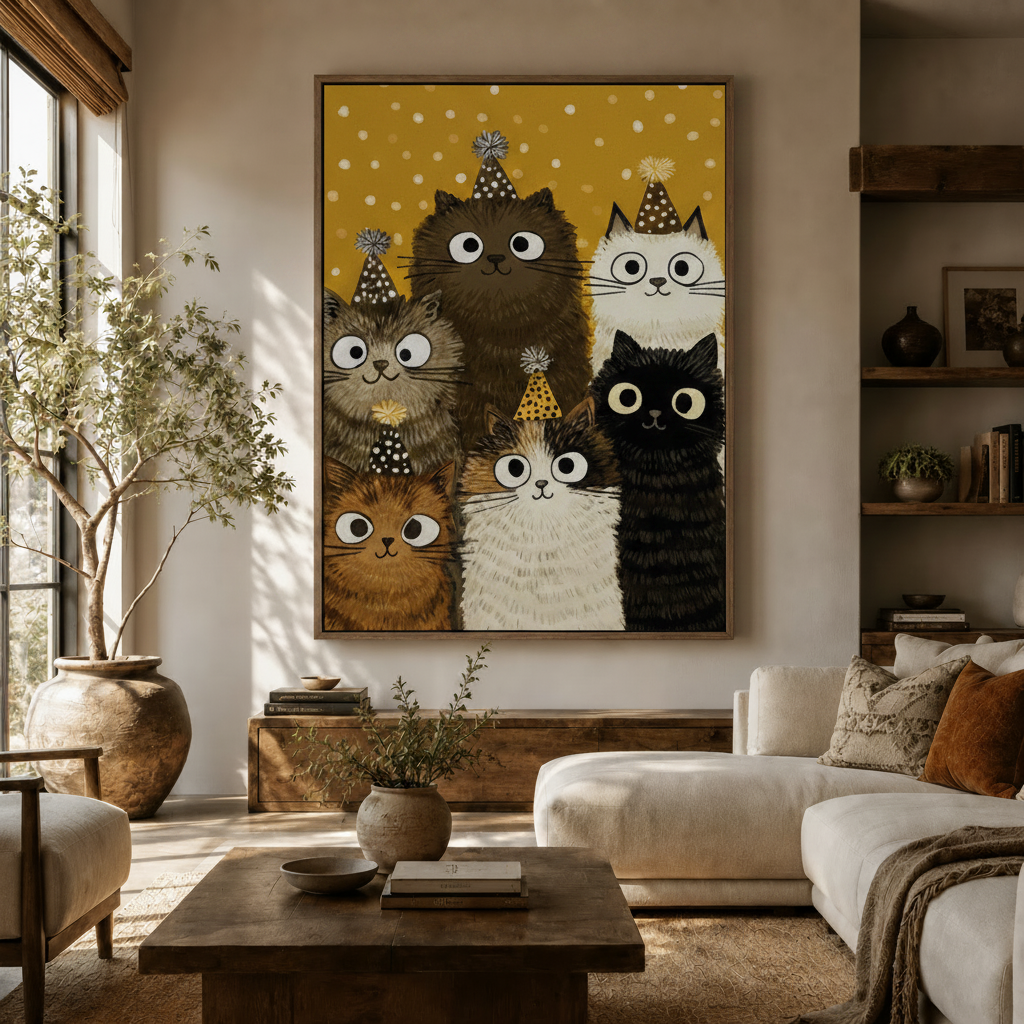  Whimsical party cats canvas art hanging in a bright modern living room above wooden sideboard