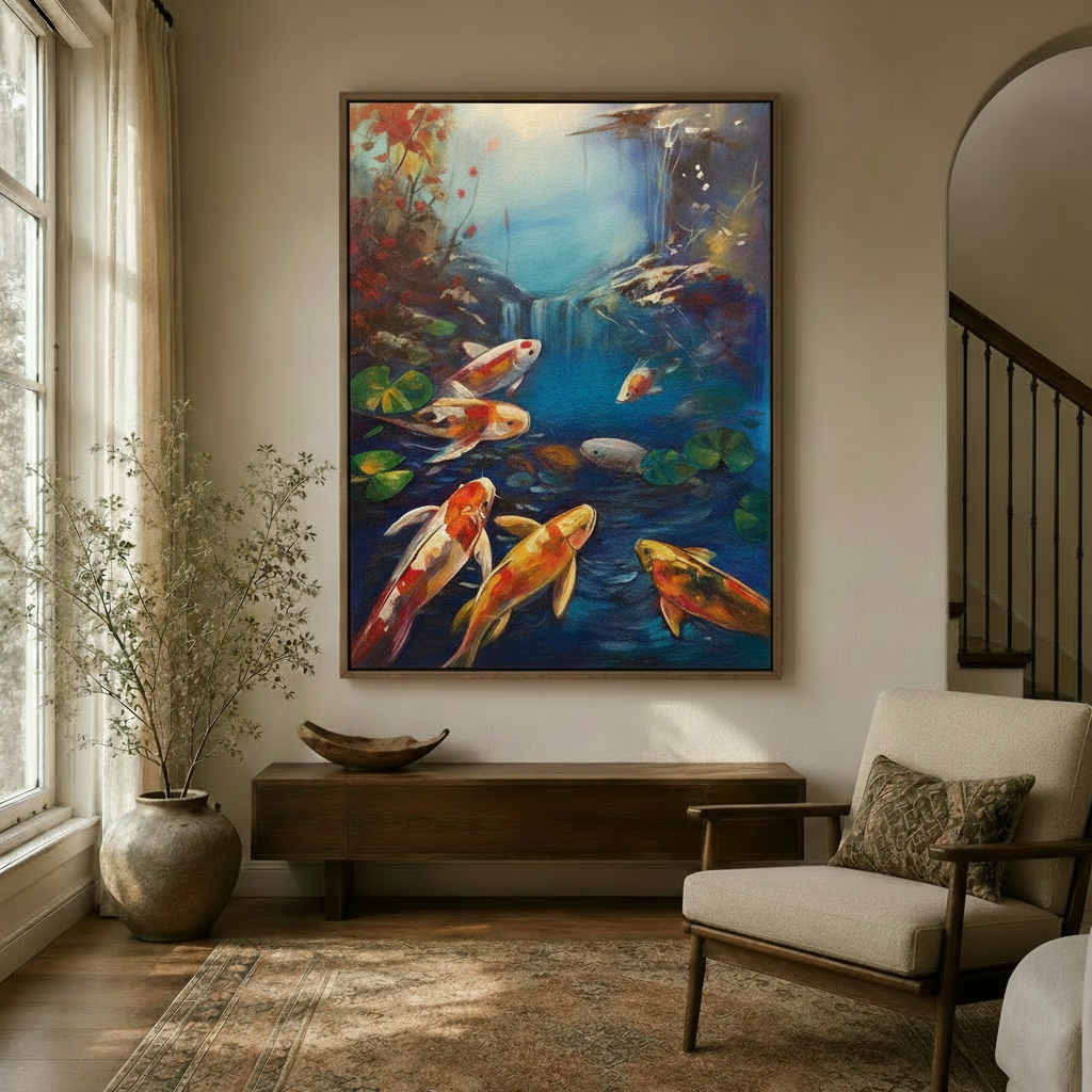 Koi fish pond oil painting canvas in walnut frame displayed above console in bright transitional entryway
