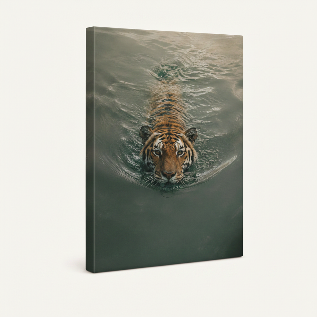 Gallery-wrapped canvas side view of hyperrealistic swimming tiger wildlife painting on dark water