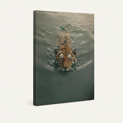Gallery-wrapped canvas side view of hyperrealistic swimming tiger wildlife painting on dark water